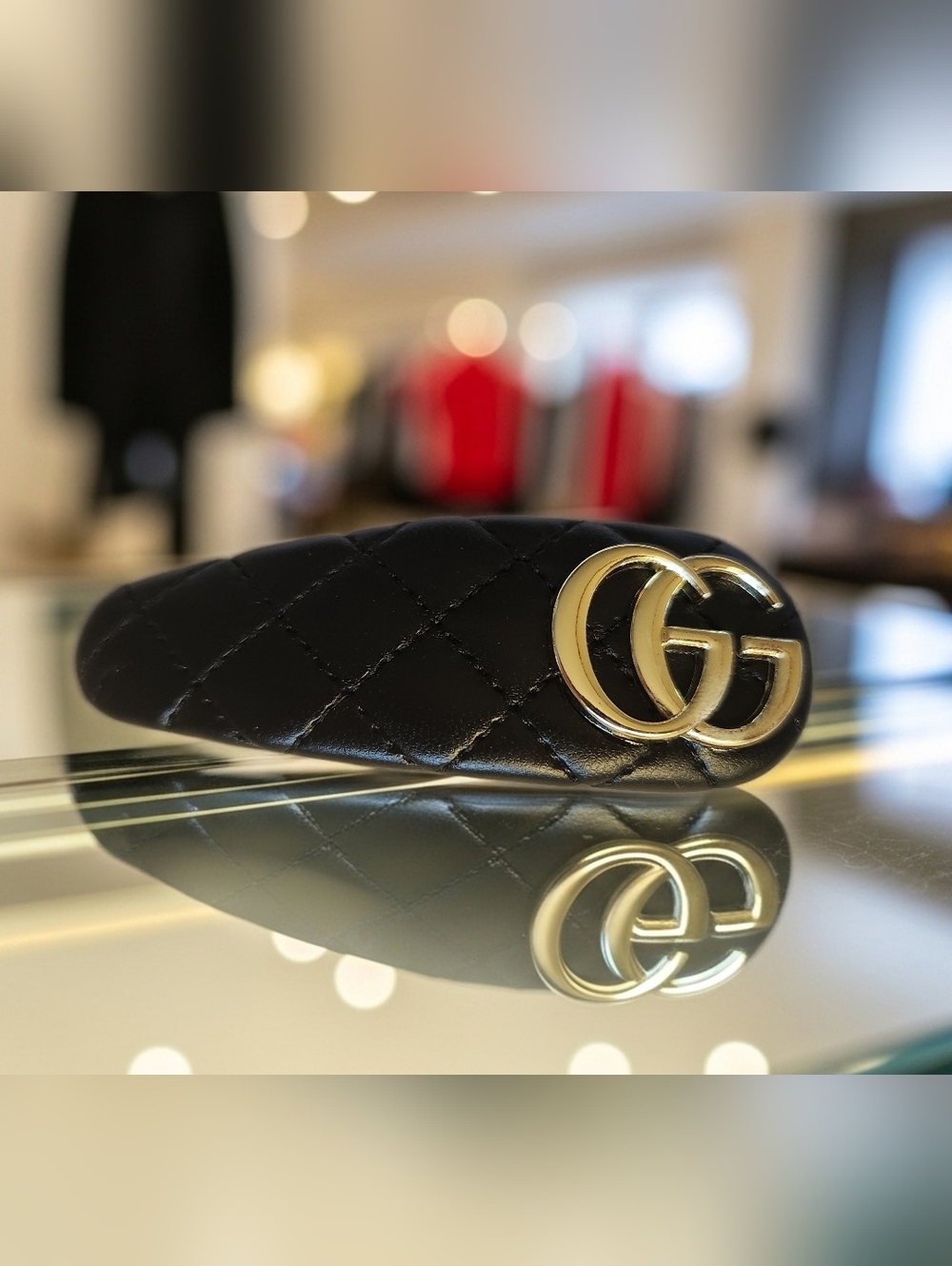 Gucci Black Quilted Hair Clip with Gold Double G Logo. New